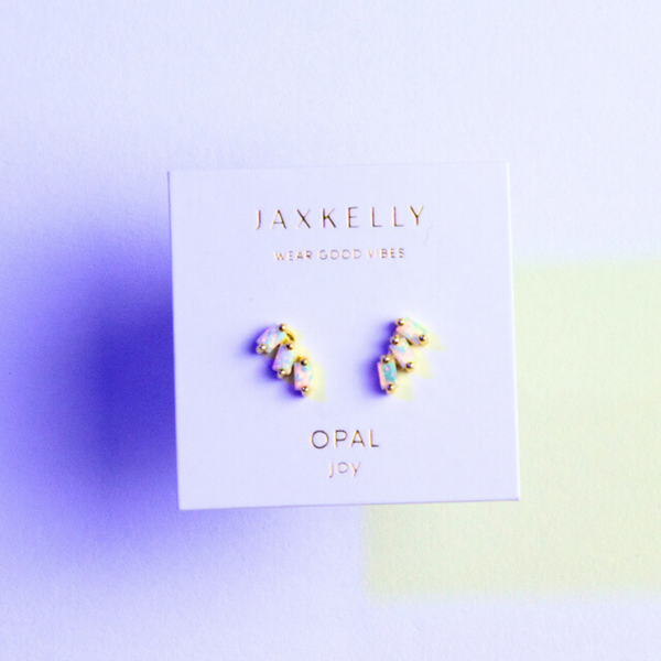 Offset Trio White Opal Gold Earrings